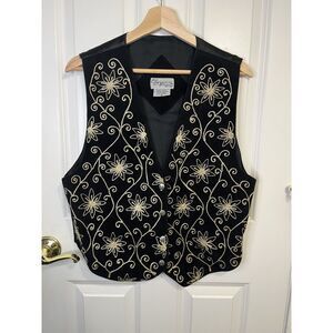 Vintage Cheyenne Autumn Black & Gold Floral Embroidered Leather Vest Size Medium